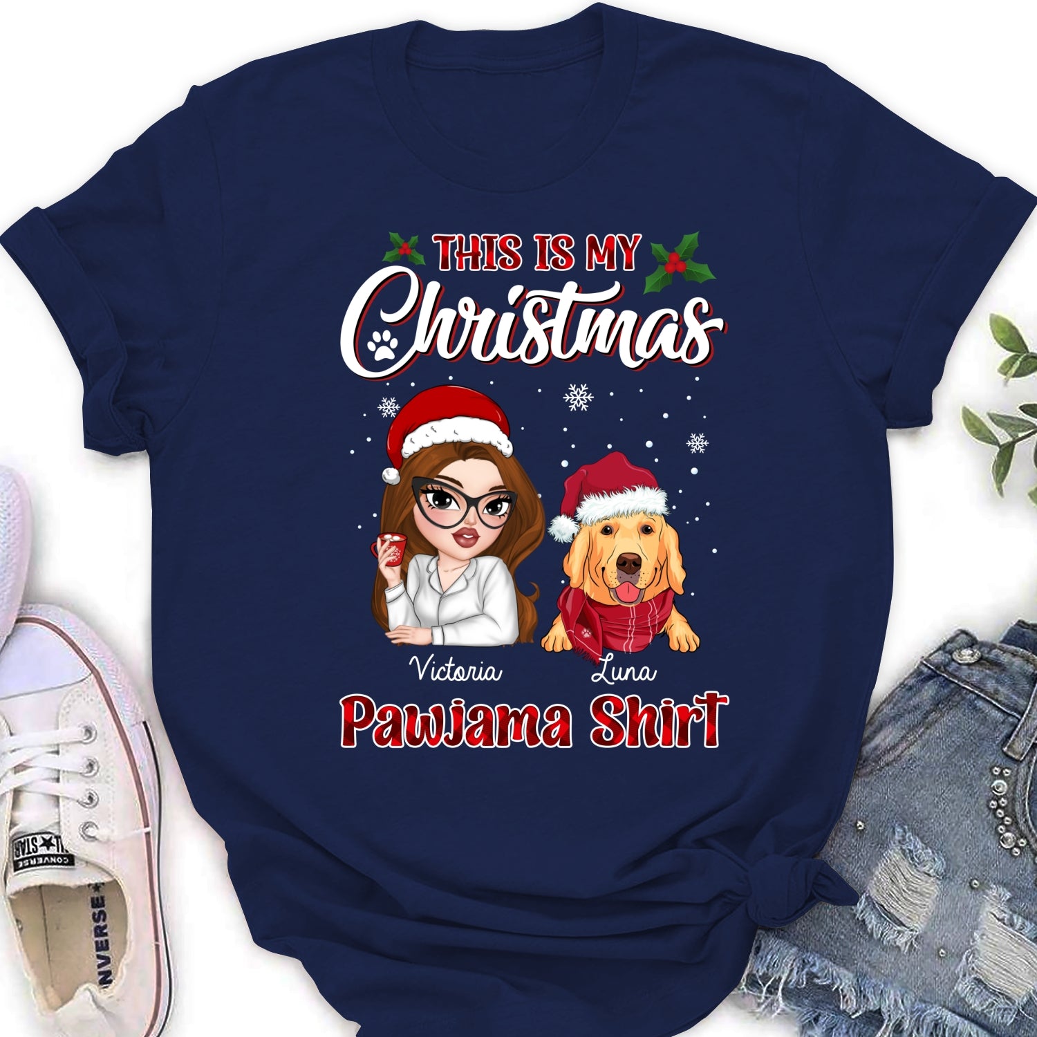 Personalized Christmas Pawjama Women's T-shirt - Ideal Gift for Pet Lovers