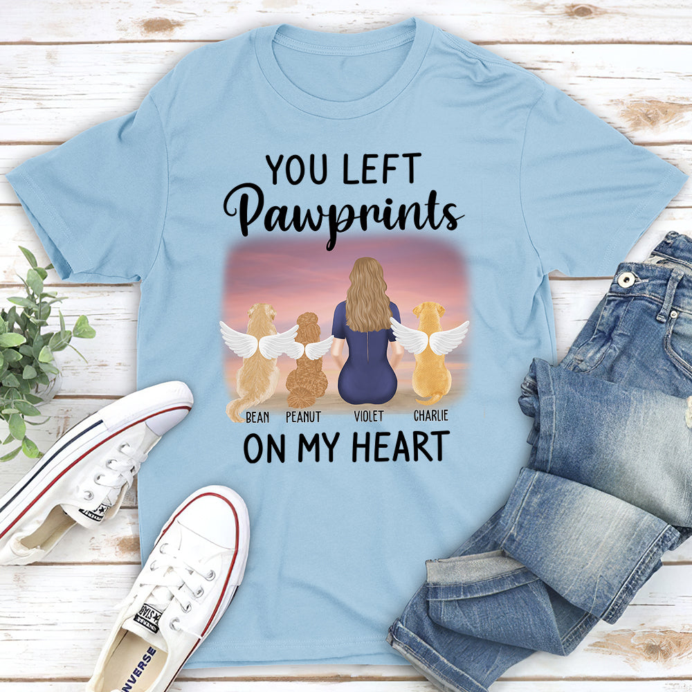 Personalized Left Pawprints on My Heart Unisex Memorial T - shirt for Pet Lovers