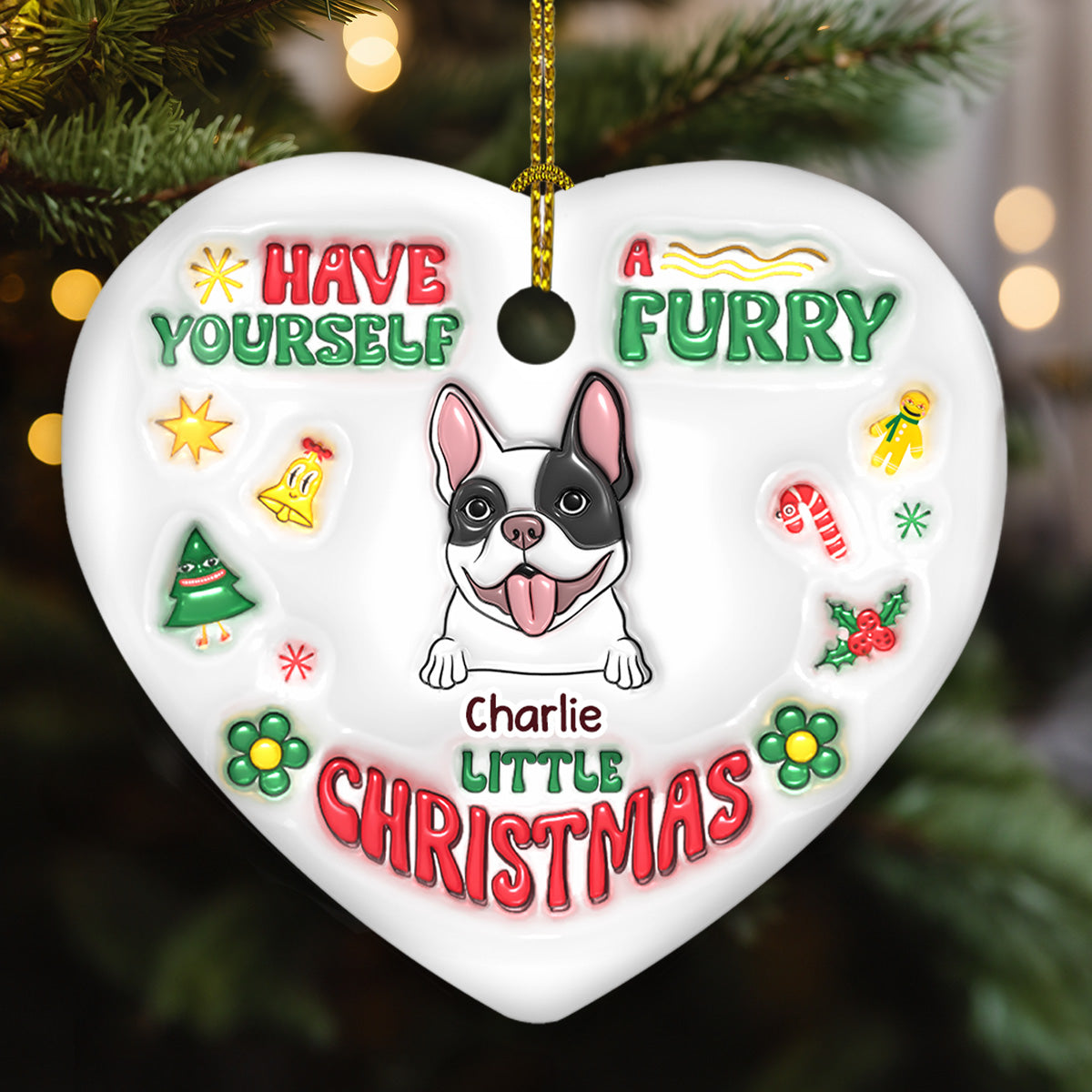 Personalized 3D Inflated Effect Heart Ceramic Ornament for a Furry Little Christmas