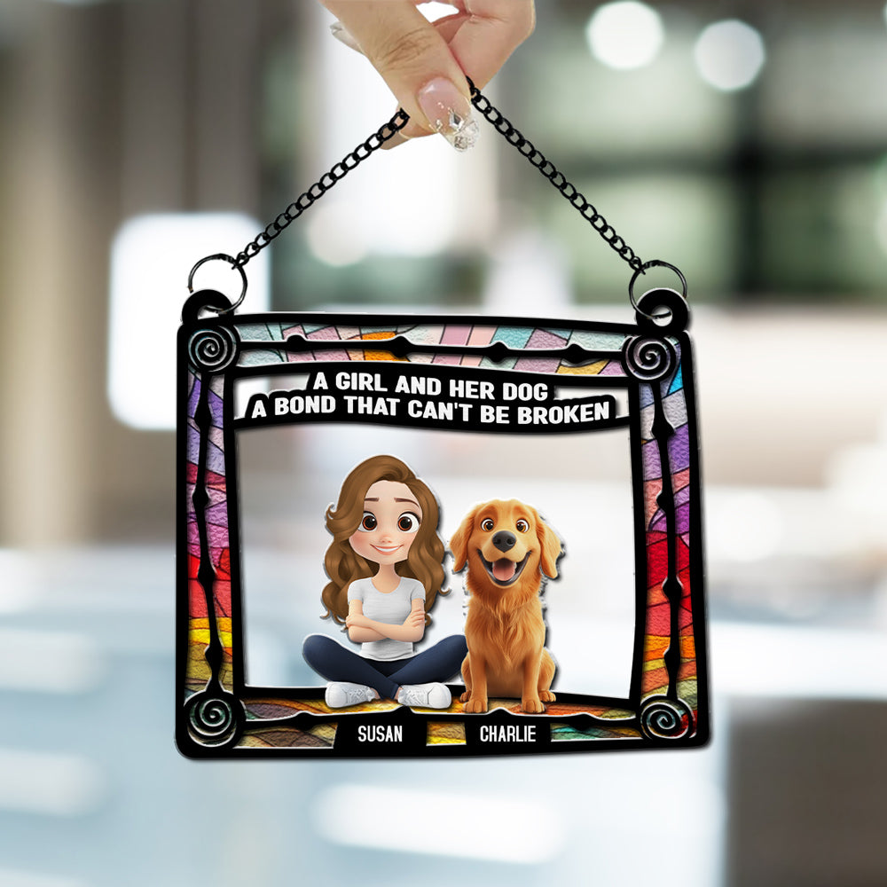 Personalized Dog And Girl Sitting In Frame Suncatcher - Ideal Home Decor & Gift