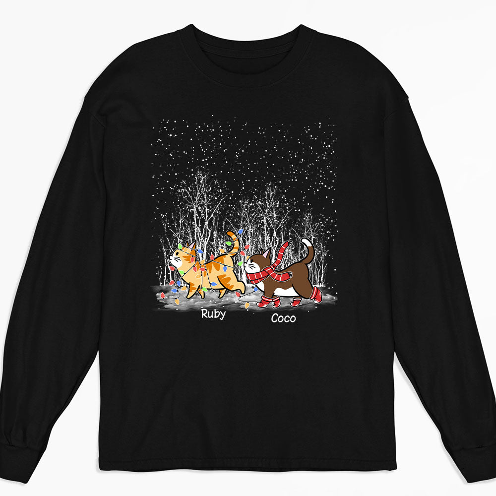 Personalized Custom Cat Walking in Snow Long Sleeve T - shirt for Pet Lovers