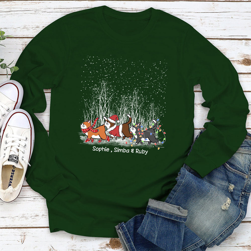 Personalized Custom Cat Walking in Snow Long Sleeve T - shirt for Pet Lovers