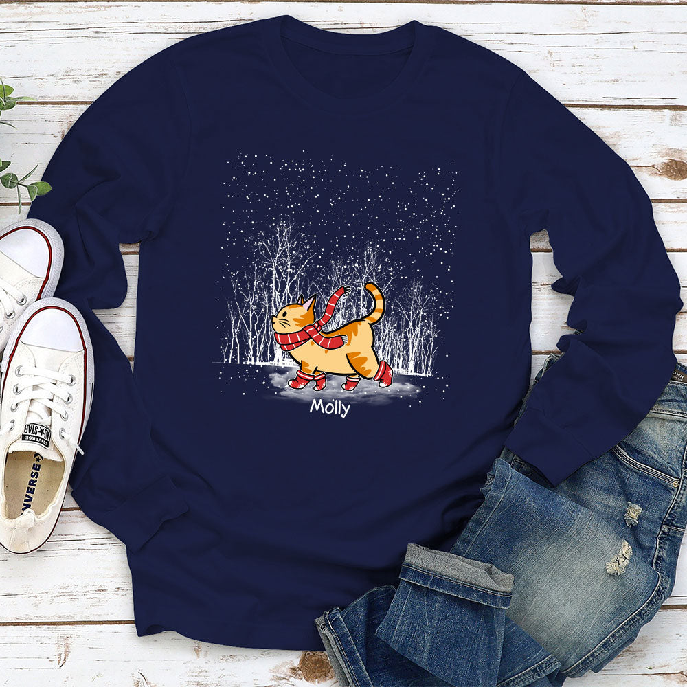 Personalized Custom Cat Walking in Snow Long Sleeve T - shirt for Pet Lovers
