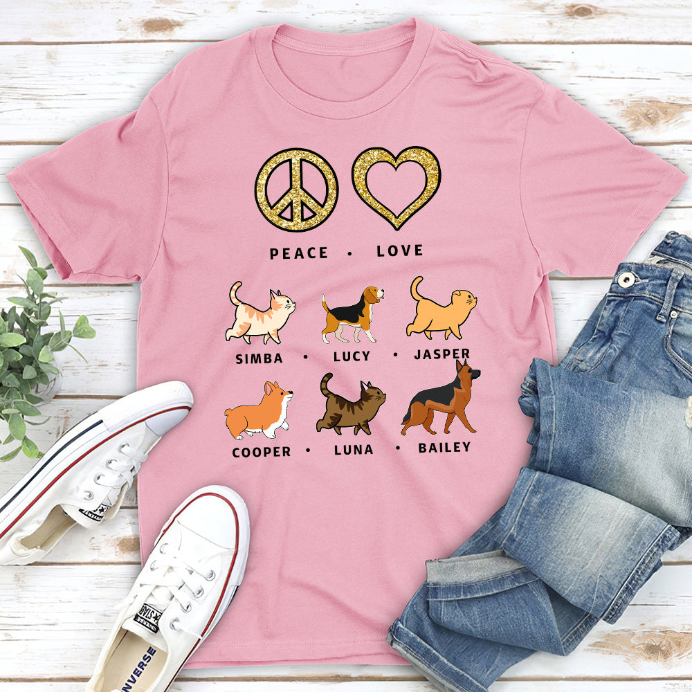 Personalized Peace Love Pet Pattern Unisex T-shirt - Ideal Gift for Pet Lovers