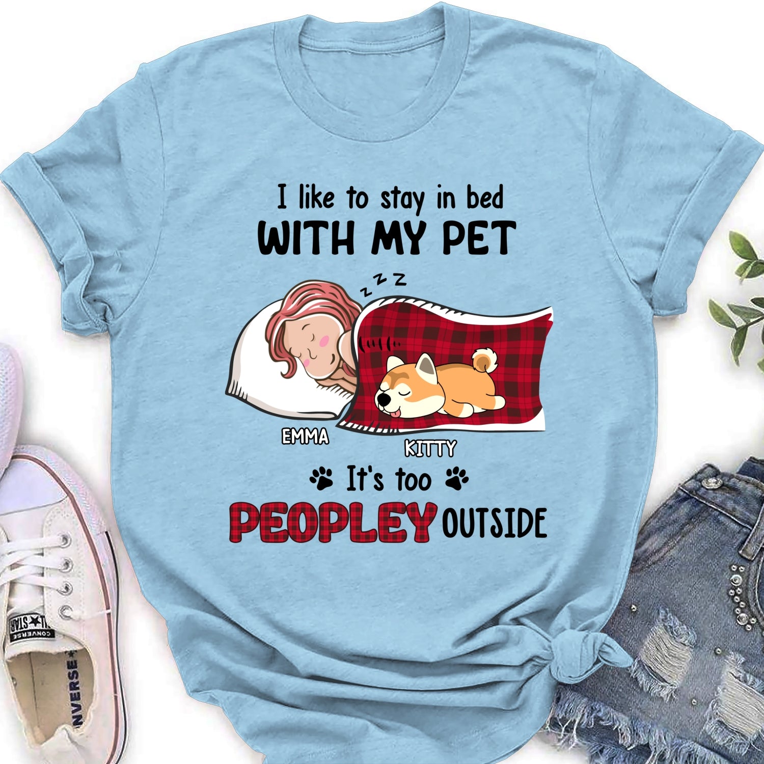 Customizable Personalized Women's T-shirt for Pet Lovers Who Love to Stay in Bed