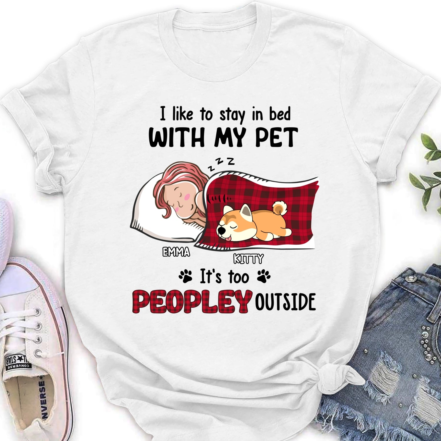 Customizable Personalized Women's T-shirt for Pet Lovers Who Love to Stay in Bed