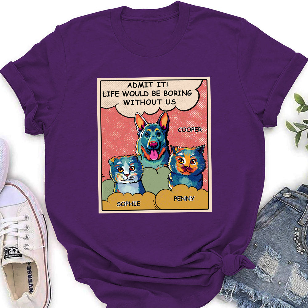 Personalized 'Boring Without Dog' Pop Art Women's T - shirt: Ideal Gift for Pet Lovers