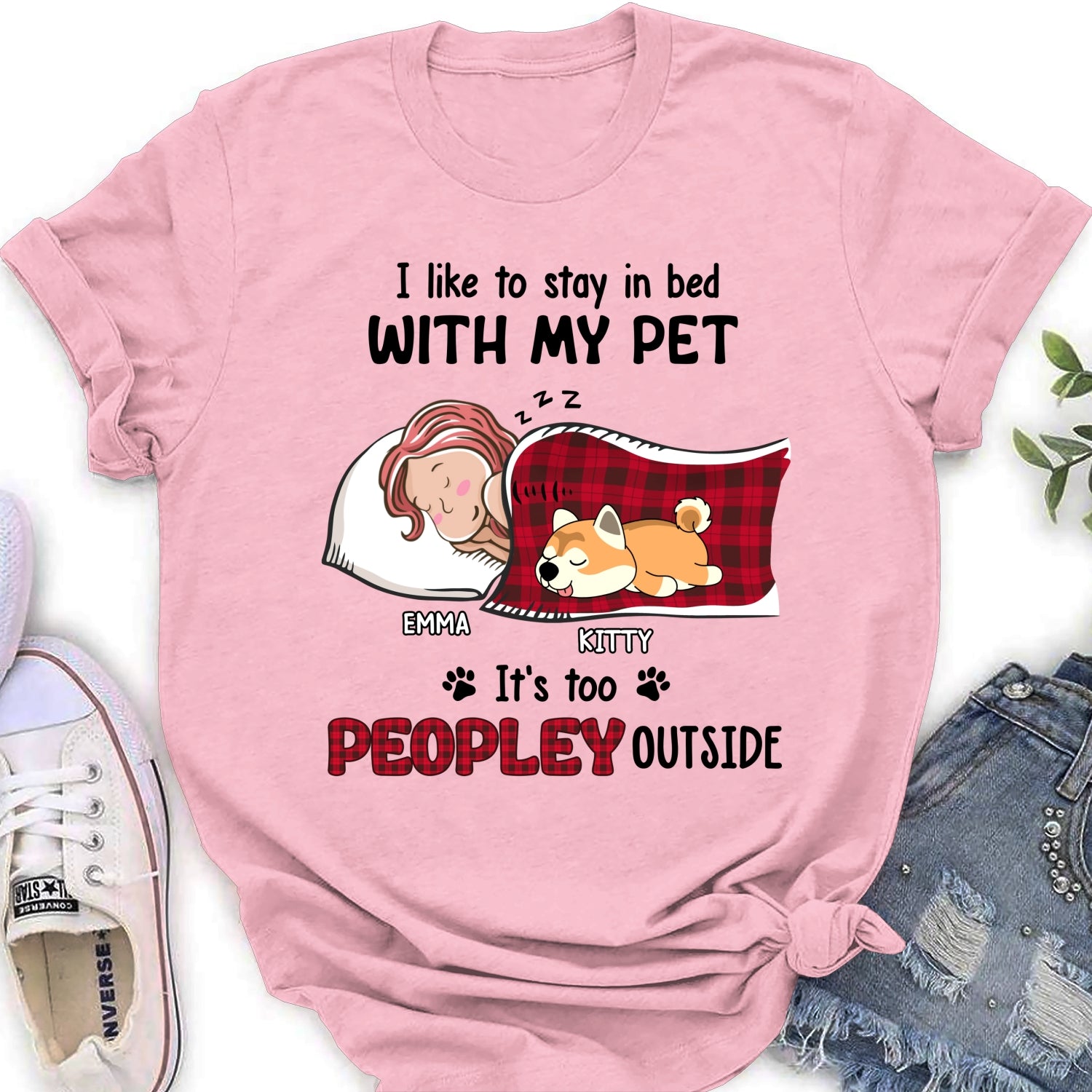 Customizable Personalized Women's T-shirt for Pet Lovers Who Love to Stay in Bed